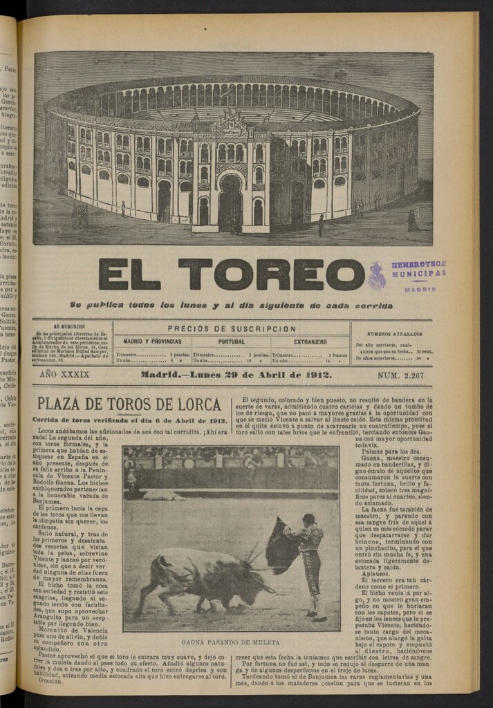 Miniatura de El Toreo: suplemento a "La Correspondencia Teatral"  del 29 de abril de 1912, nº 2267