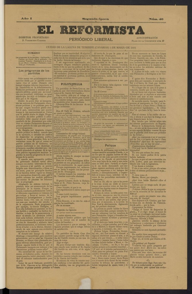 Miniatura de El Reformista: periódico liberal del 3 de marzo de 1891