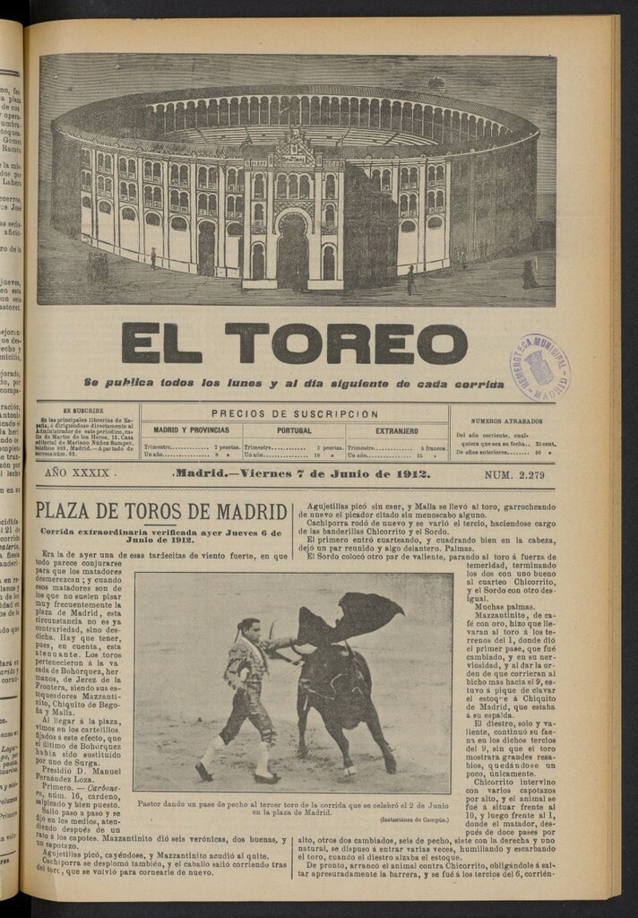 Miniatura de El Toreo: suplemento a "La Correspondencia Teatral"  del 7 de junio de 1912, nº 2279