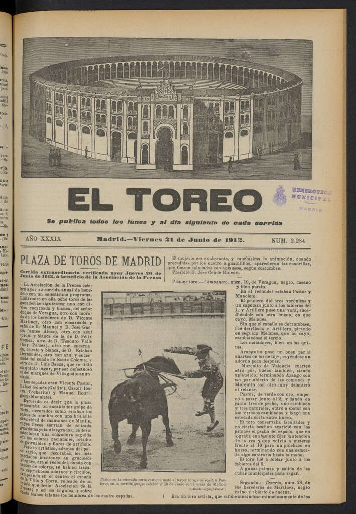 Miniatura de El Toreo: suplemento a ´´La Correspondencia Teatral´´  del 21 de junio de 1912, nº 2284