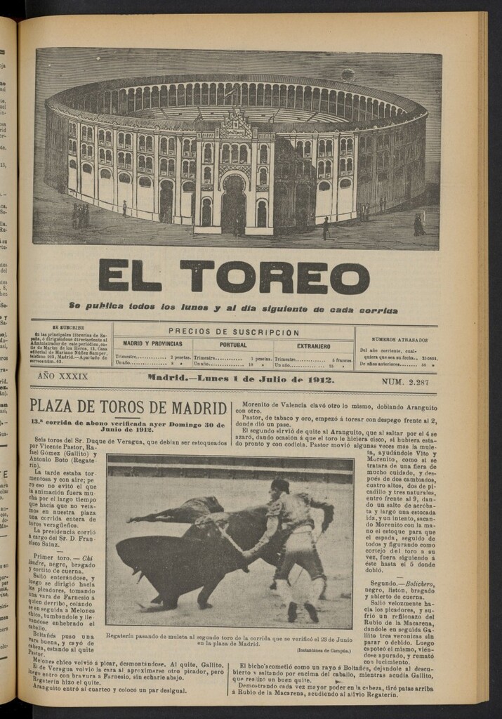 Miniatura de El Toreo: suplemento a ´´La Correspondencia Teatral´´  del 1 de julio de 1912, nº 2287