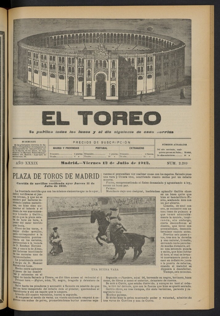 Miniatura de El Toreo: suplemento a ´´La Correspondencia Teatral´´  del 12 de julio de 1912, nº 2289