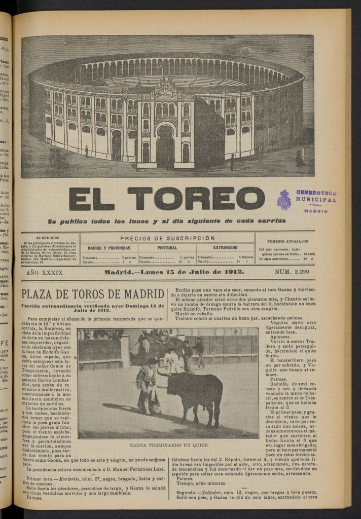 Miniatura de El Toreo: suplemento a ´´La Correspondencia Teatral´´  del 15 de julio de 1912, nº 2290