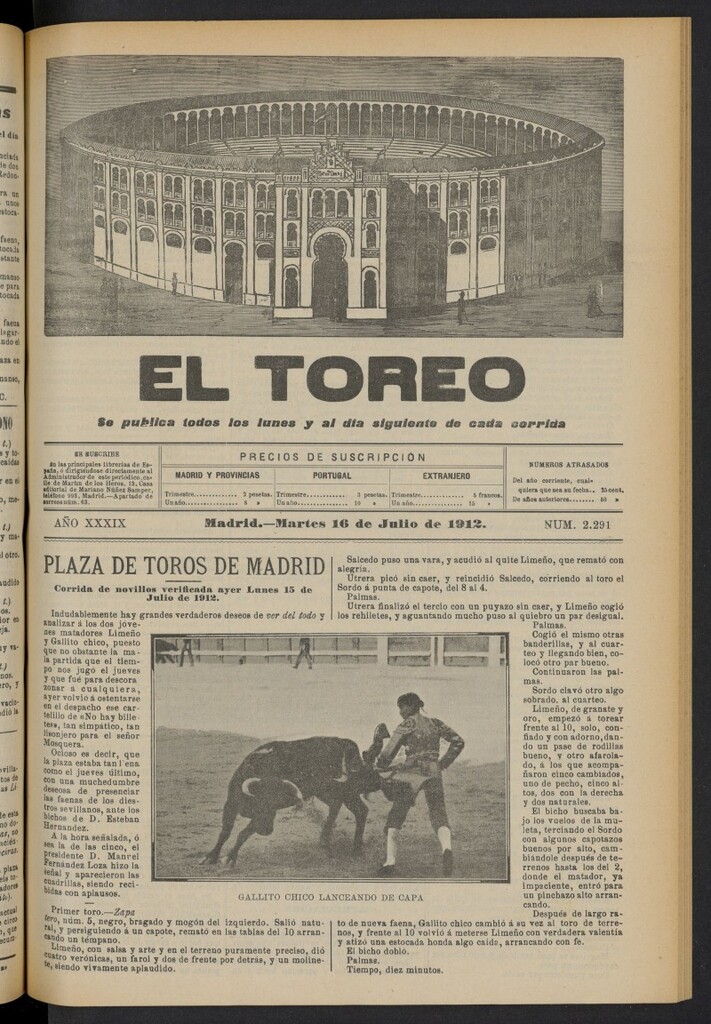 Miniatura de El Toreo: suplemento a ´´La Correspondencia Teatral´´  del 16 de julio de 1912, nº 2291