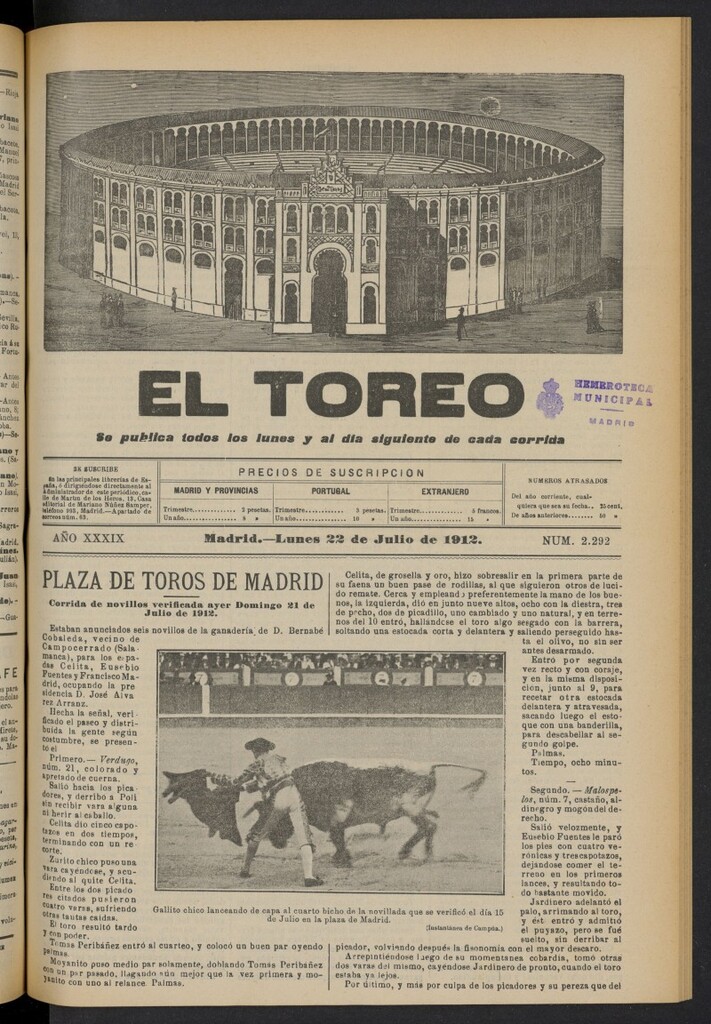 Miniatura de El Toreo: suplemento a "La Correspondencia Teatral"  del 22 de julio de 1912, nº 2292