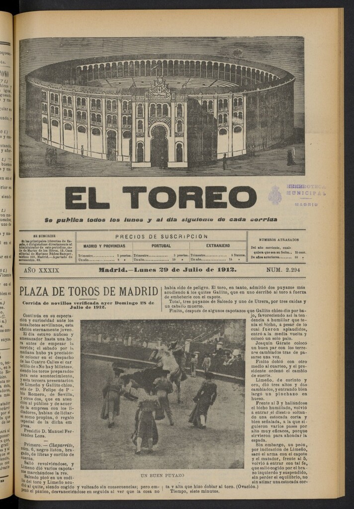 Miniatura de El Toreo: suplemento a "La Correspondencia Teatral"  del 29 de julio de 1912, nº 2294