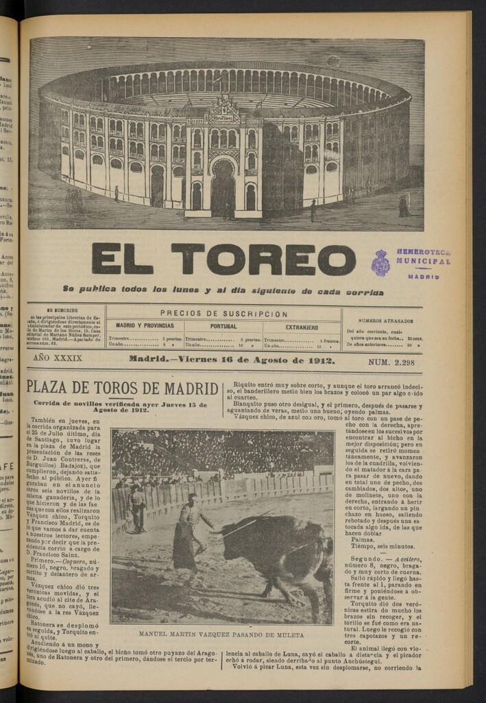 Miniatura de El Toreo: suplemento a "La Correspondencia Teatral"  del 16 de agosto de 1912, nº 2298