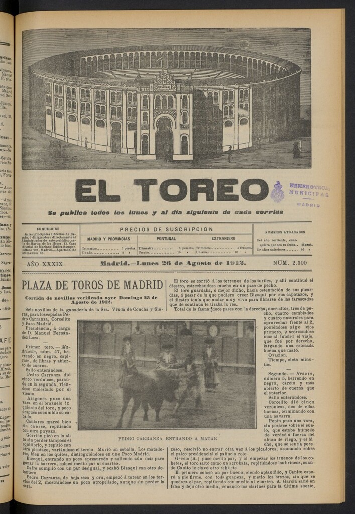 Miniatura de El Toreo: suplemento a "La Correspondencia Teatral"  del 26 de agosto de 1912, nº 2300