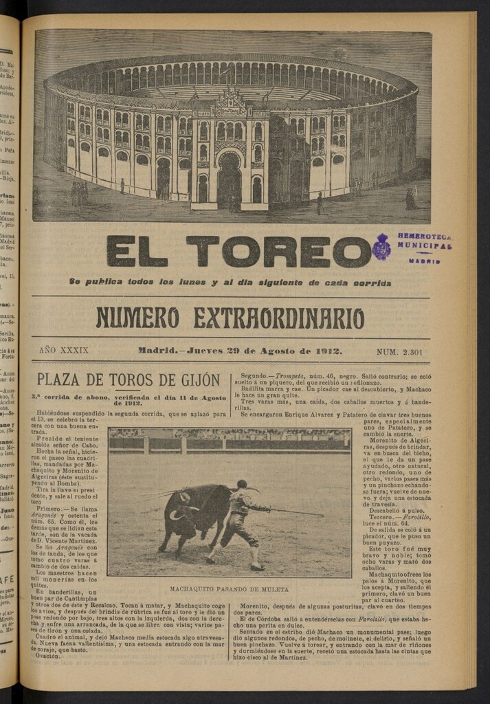 Miniatura de El Toreo: suplemento a "La Correspondencia Teatral"  del 29 de agosto de 1912, nº 2301
