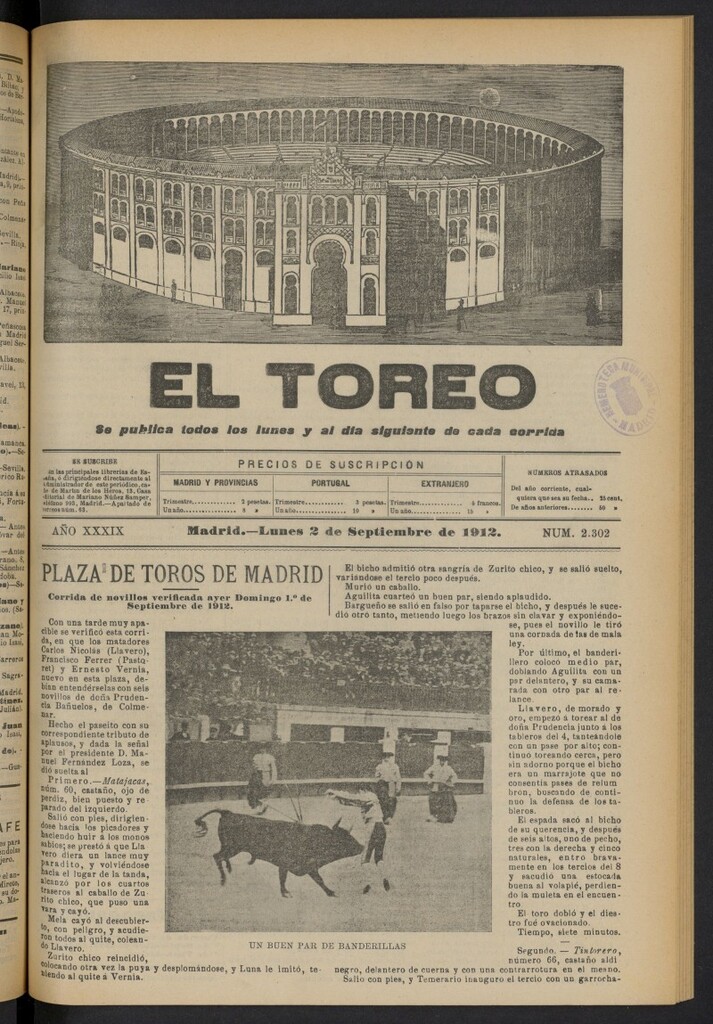Miniatura de El Toreo: suplemento a "La Correspondencia Teatral"  del 2 de septiembre de 1912, nº 2302