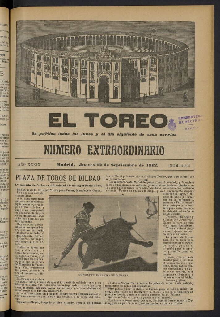 Miniatura de El Toreo: suplemento a "La Correspondencia Teatral"  del 12 de septiembre de 1912, nº 2305