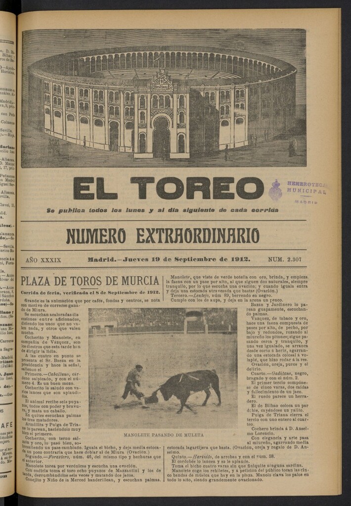 Miniatura de El Toreo: suplemento a "La Correspondencia Teatral"  del 19 de septiembre de 1912, nº 2307