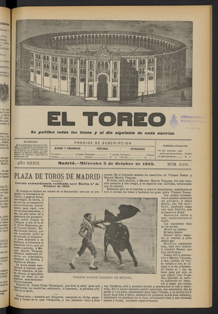Miniatura de El Toreo: suplemento a "La Correspondencia Teatral"  del 2 de octubre de 1912, nº 2310