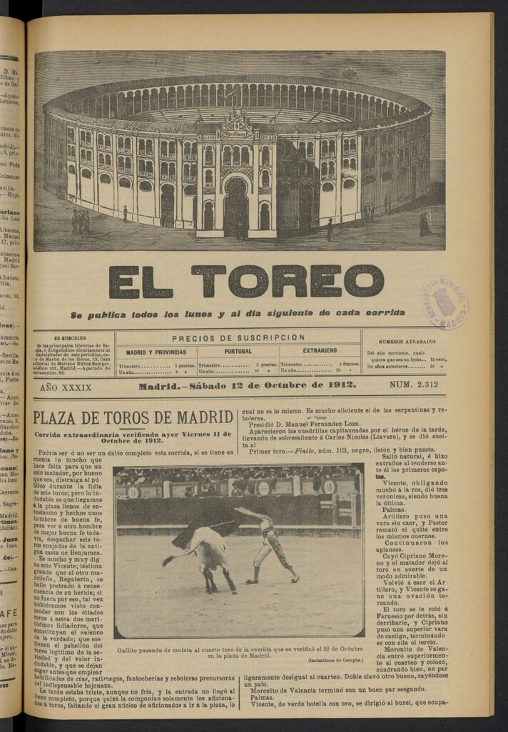 Miniatura de El Toreo: suplemento a "La Correspondencia Teatral"  del 12 de octubre de 1912, nº 2312