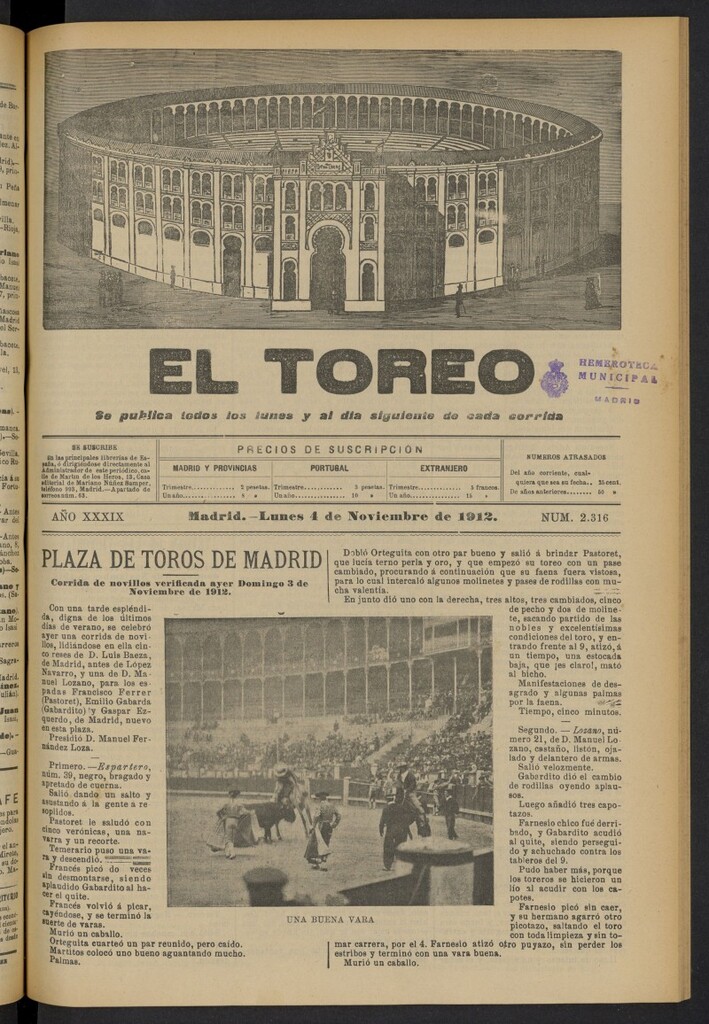 Miniatura de El Toreo: suplemento a "La Correspondencia Teatral"  del 4 de noviembre de 1912, nº 2316
