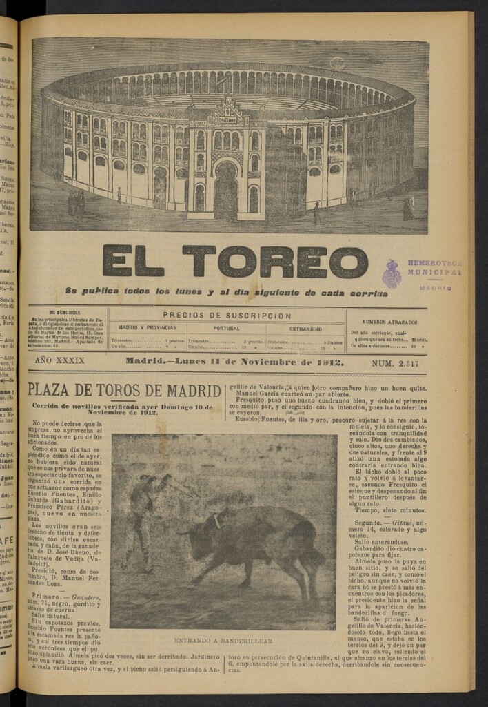 Miniatura de El Toreo: suplemento a "La Correspondencia Teatral"  del 11 de noviembre de 1912, nº 2317