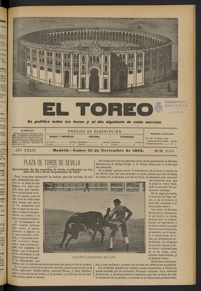 Miniatura de El Toreo: suplemento a "La Correspondencia Teatral"  del 25 de noviembre de 1912, nº 2319