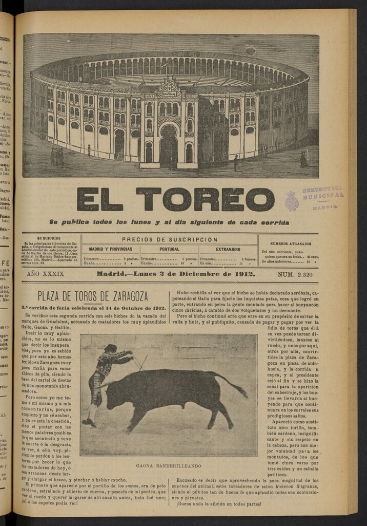 Miniatura de El Toreo: suplemento a "La Correspondencia Teatral"  del 2 de diciembre de 1912, nº 2320