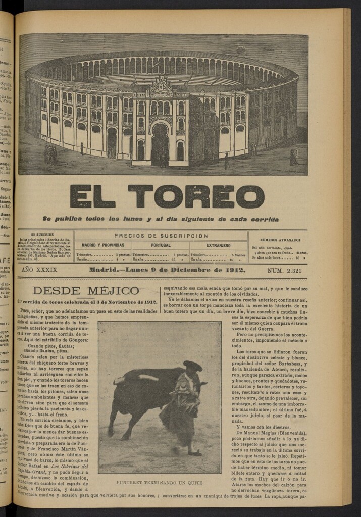 Miniatura de El Toreo: suplemento a "La Correspondencia Teatral"  del 9 de diciembre de 1912, nº 2321