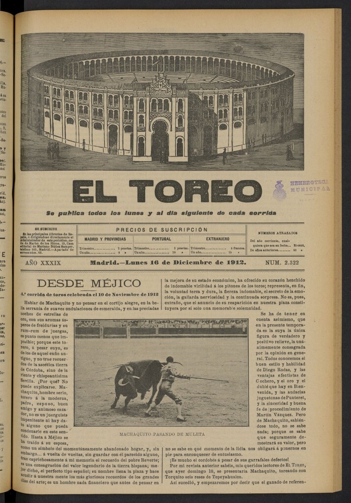 Miniatura de El Toreo: suplemento a "La Correspondencia Teatral"  del 16 de diciembre de 1912, nº 2322