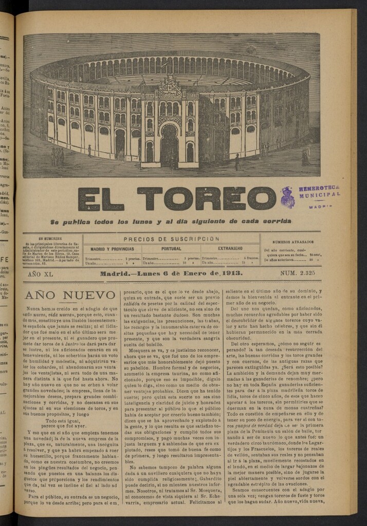 Miniatura de El Toreo: suplemento a "La Correspondencia Teatral"  del 6 de enero de 1913, nº 2325