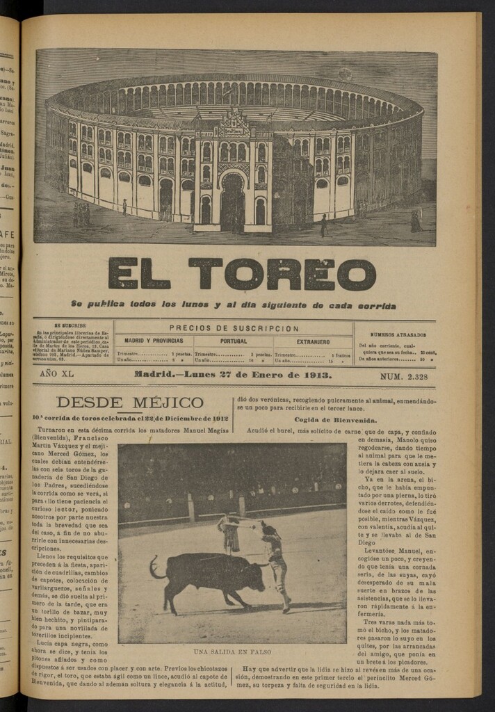 Miniatura de El Toreo: suplemento a "La Correspondencia Teatral"  del 27 de enero de 1913, nº 2328