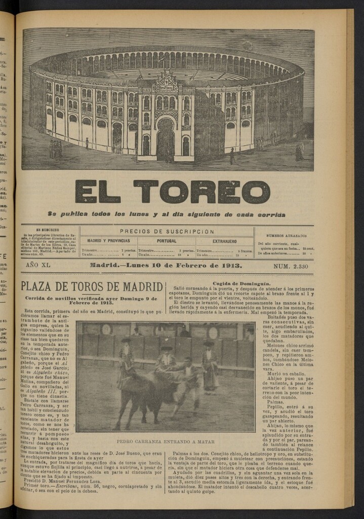 Miniatura de El Toreo: suplemento a "La Correspondencia Teatral"  del 10 de febrero de 1913, nº 2330