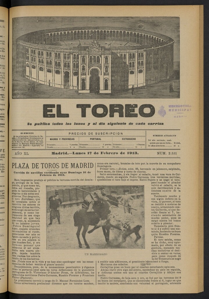 Miniatura de El Toreo: suplemento a "La Correspondencia Teatral"  del 17 de febrero de 1913, nº 2331