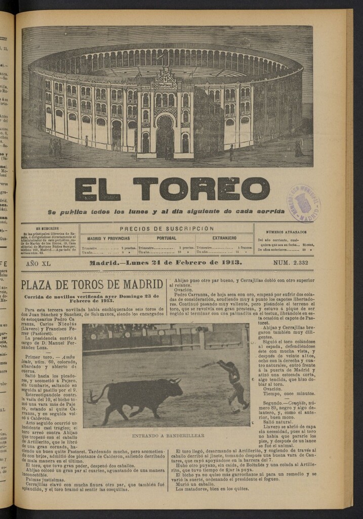 Miniatura de El Toreo: suplemento a "La Correspondencia Teatral"  del 24 de febrero de 1913, nº 2332