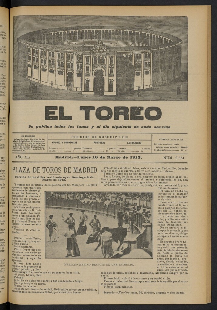 Miniatura de El Toreo: suplemento a "La Correspondencia Teatral"  del 10 de marzo de 1913, nº 2334