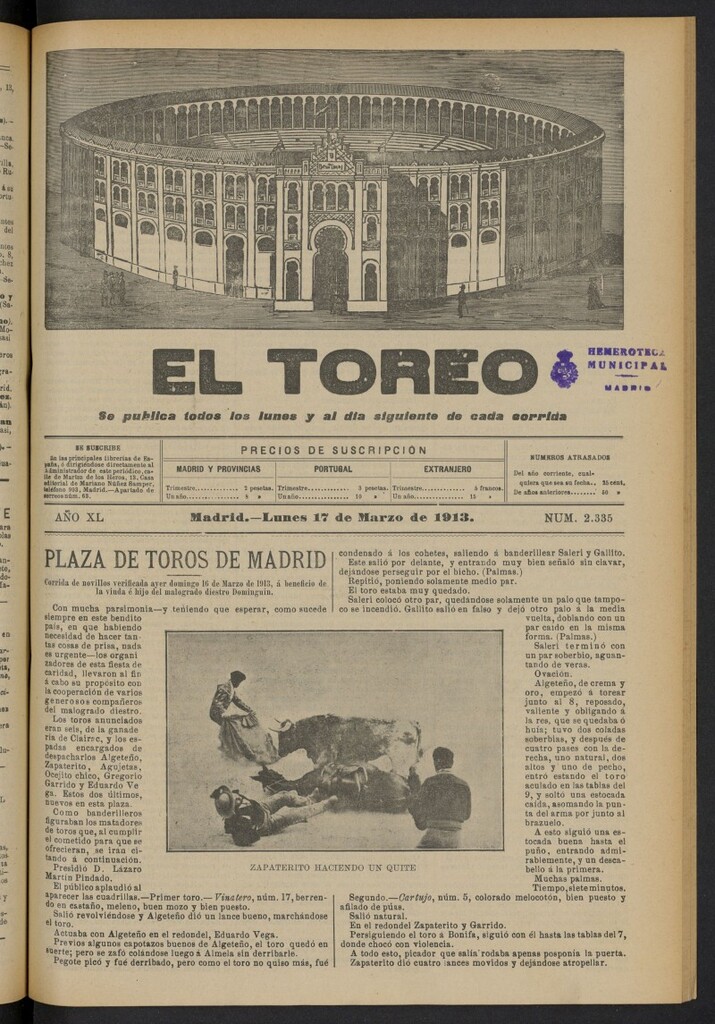Miniatura de El Toreo: suplemento a "La Correspondencia Teatral"  del 17 de marzo de 1913, nº 2335
