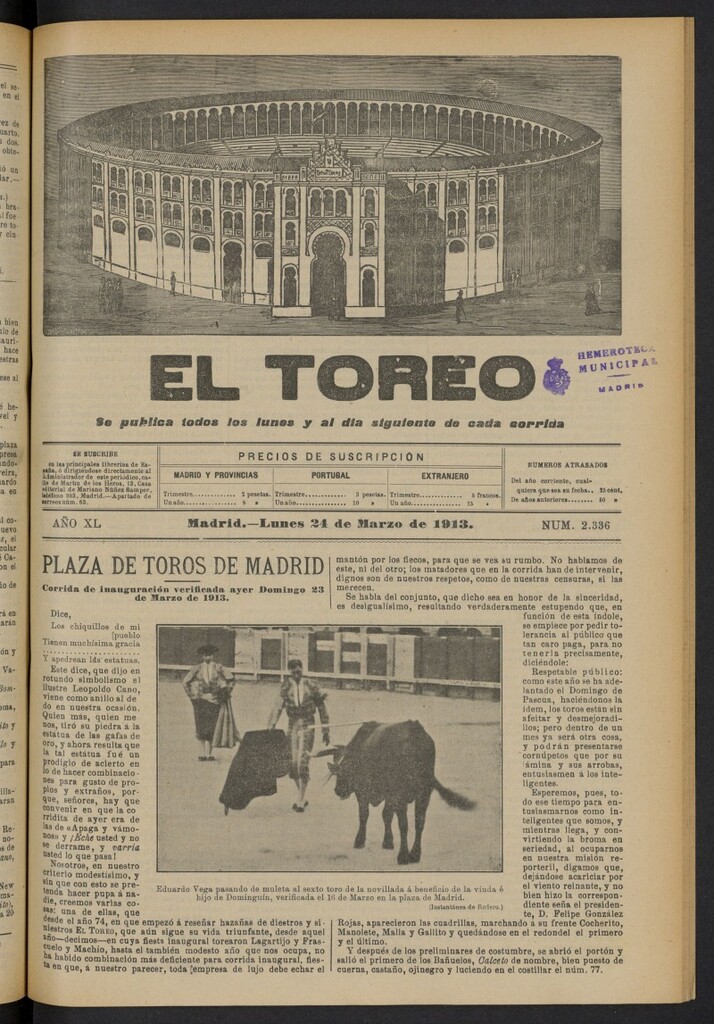 Miniatura de El Toreo: suplemento a "La Correspondencia Teatral"  del 24 de marzo de 1913, nº 2336
