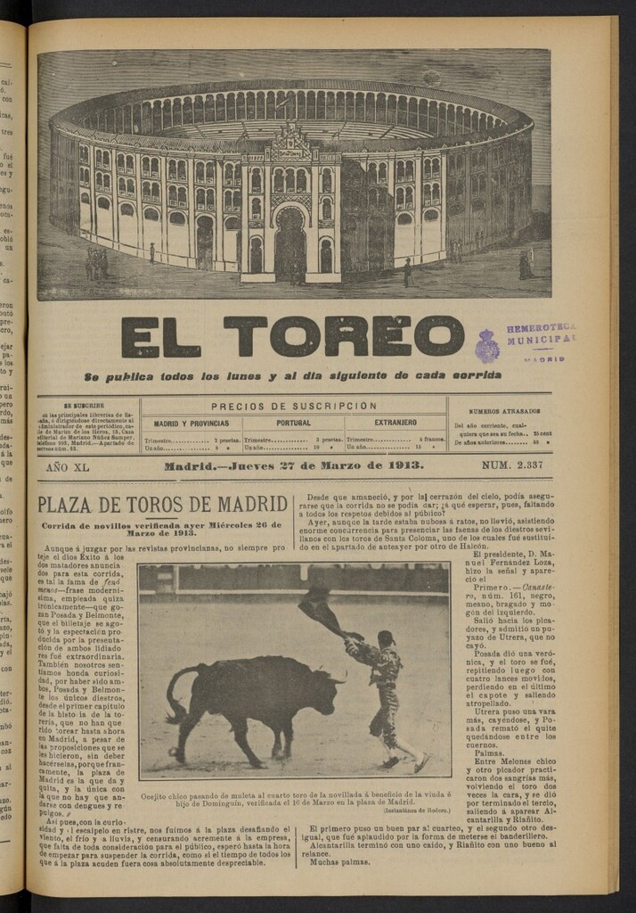Miniatura de El Toreo: suplemento a "La Correspondencia Teatral"  del 27 de marzo de 1913, nº 2337