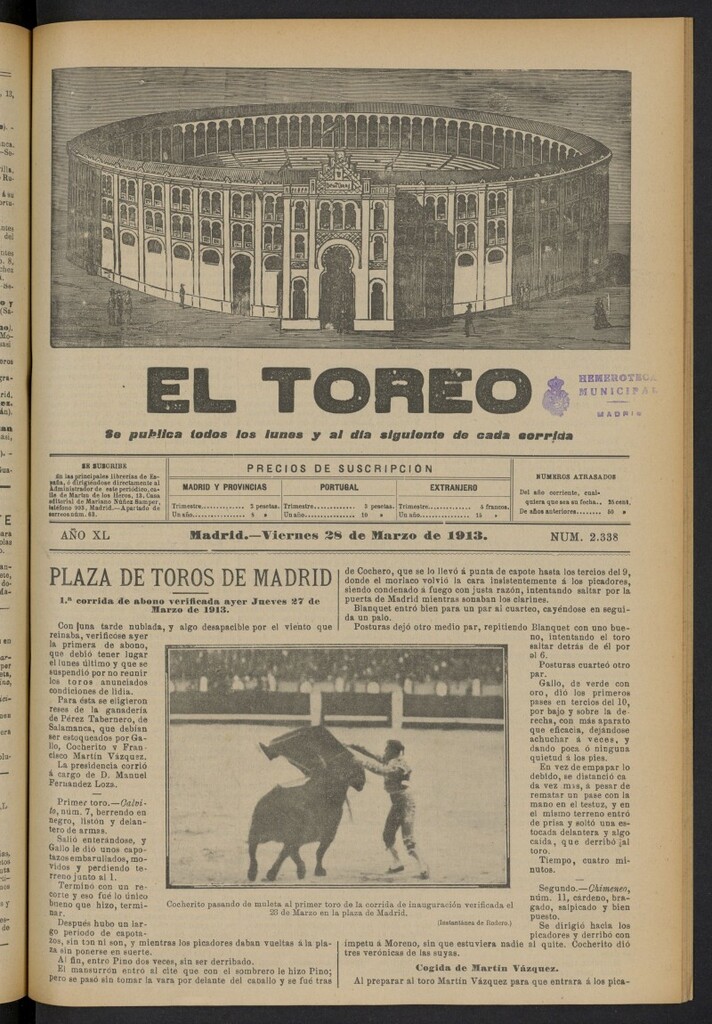 Miniatura de El Toreo: suplemento a "La Correspondencia Teatral"  del 28 de marzo de 1913, nº 2338