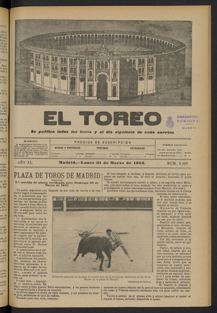 Miniatura de El Toreo: suplemento a "La Correspondencia Teatral"  del 31 de marzo de 1913, nº 2339