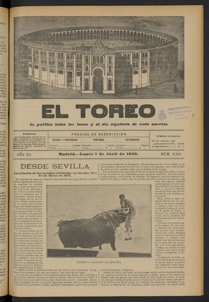 Miniatura de El Toreo: suplemento a "La Correspondencia Teatral"  del 7 de abril de 1913, nº 2340
