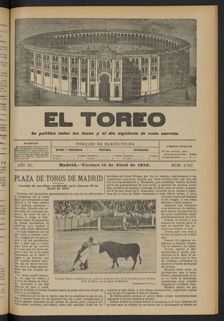 Miniatura de El Toreo: suplemento a "La Correspondencia Teatral"  del 11 de abril de 1913, nº 2342
