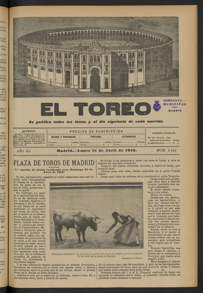 Miniatura de El Toreo: suplemento a "La Correspondencia Teatral"  del 21 de abril de 1913, nº 2344