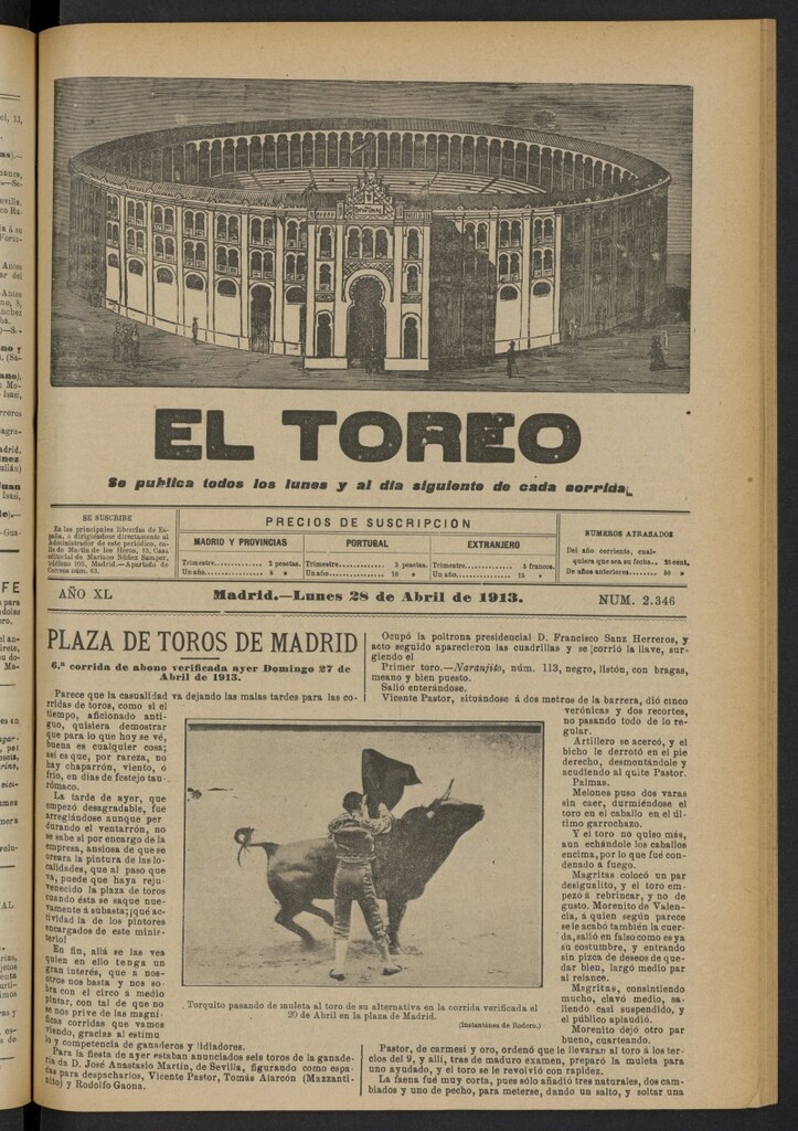 Miniatura de El Toreo: suplemento a "La Correspondencia Teatral"  del 28 de abril de 1913, nº 2346