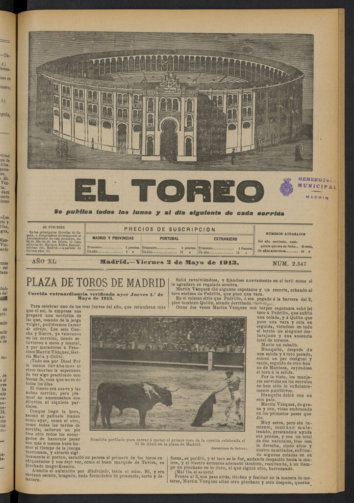 Miniatura de El Toreo: suplemento a "La Correspondencia Teatral"  del 2 de mayo de 1913, nº 2347