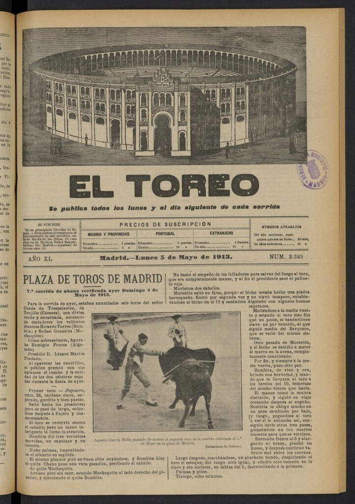 Miniatura de El Toreo: suplemento a "La Correspondencia Teatral"  del 5 de mayo de 1913, nº 2349