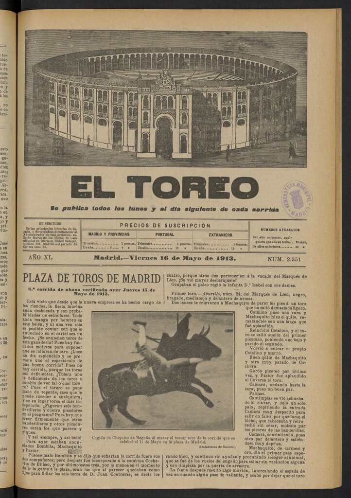 Miniatura de El Toreo: suplemento a "La Correspondencia Teatral"  del 16 de mayo de 1913, nº 2351