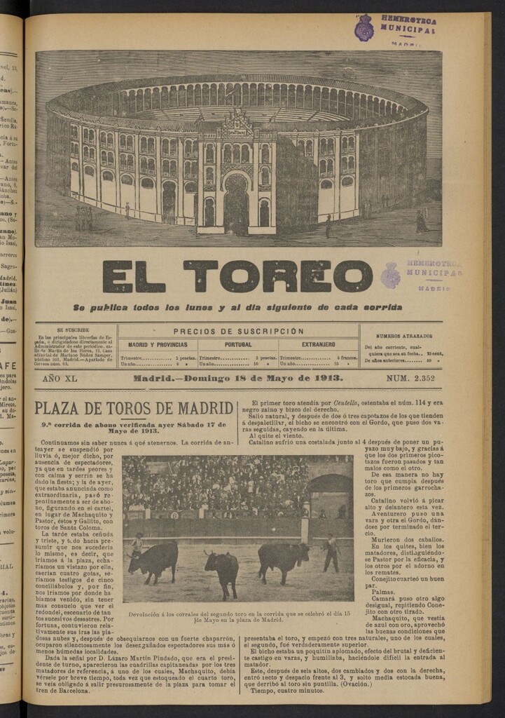 Miniatura de El Toreo: suplemento a "La Correspondencia Teatral"  del 18 de mayo de 1913, nº 2352
