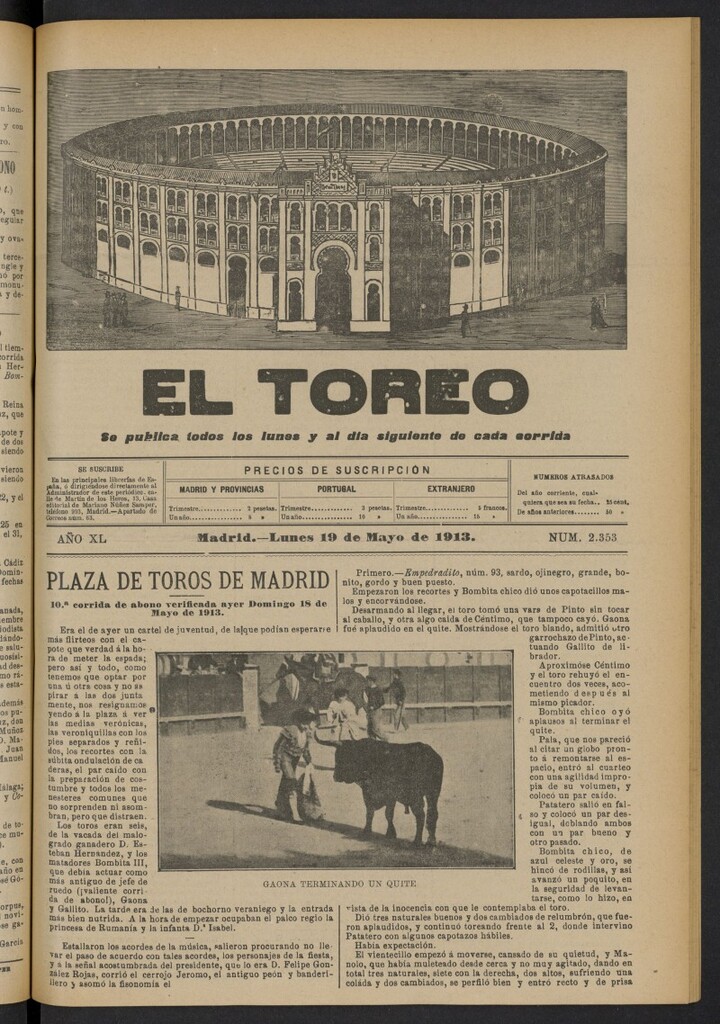 Miniatura de El Toreo: suplemento a "La Correspondencia Teatral"  del 19 de mayo de 1913, nº 2353