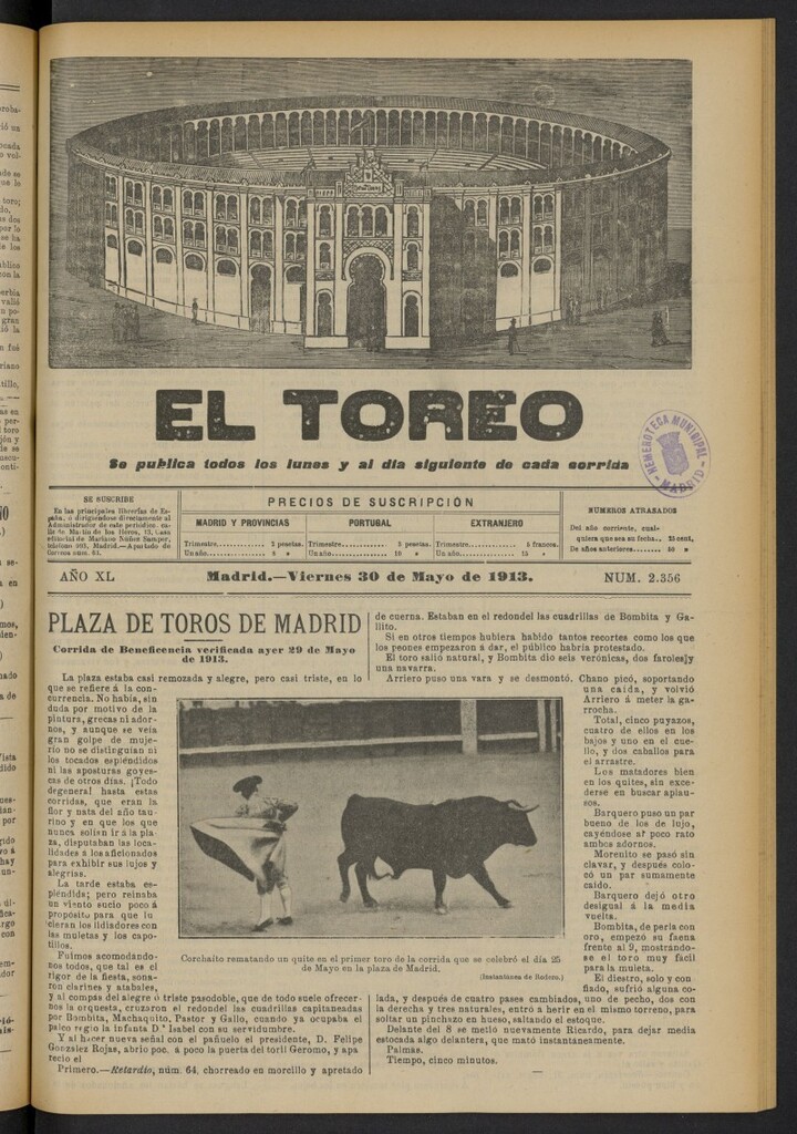Miniatura de El Toreo: suplemento a "La Correspondencia Teatral"  del 30 de mayo de 1913, nº 2356