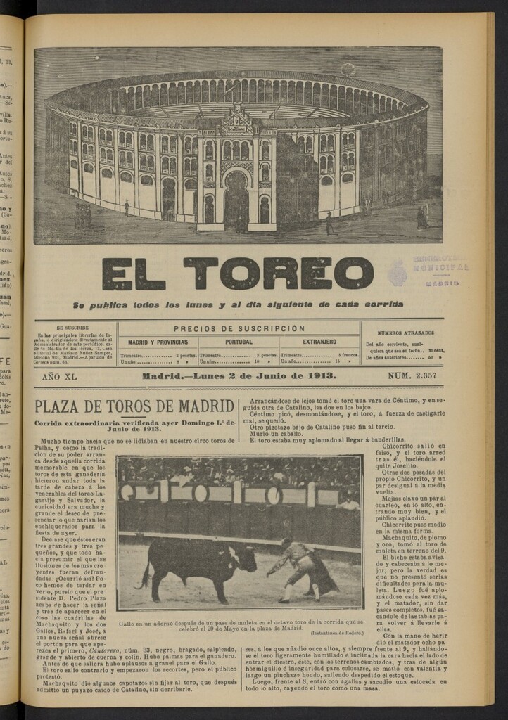 Miniatura de El Toreo: suplemento a "La Correspondencia Teatral"  del 2 de junio de 1913, nº 2357