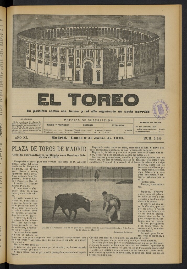 Miniatura de El Toreo: suplemento a "La Correspondencia Teatral"  del 9 de junio de 1913, nº 2359