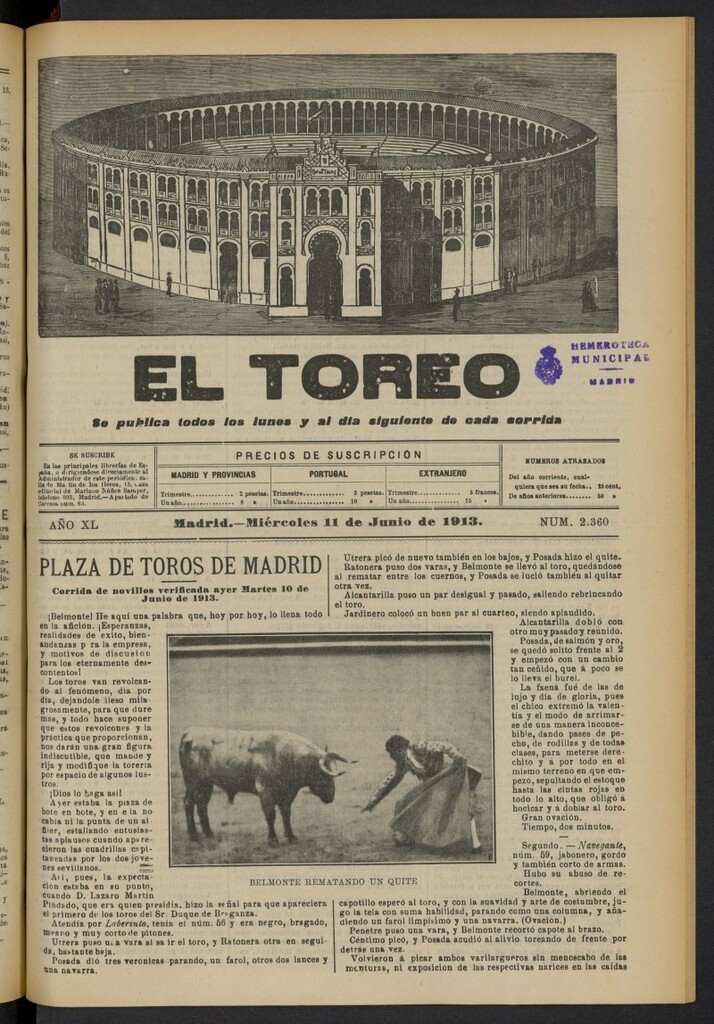 Miniatura de El Toreo: suplemento a "La Correspondencia Teatral"  del 11 de junio de 1913, nº 2360