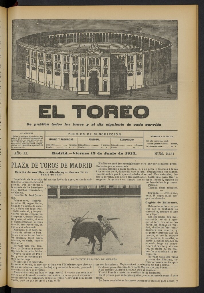 Miniatura de El Toreo: suplemento a "La Correspondencia Teatral"  del 13 de junio de 1913, nº 2361