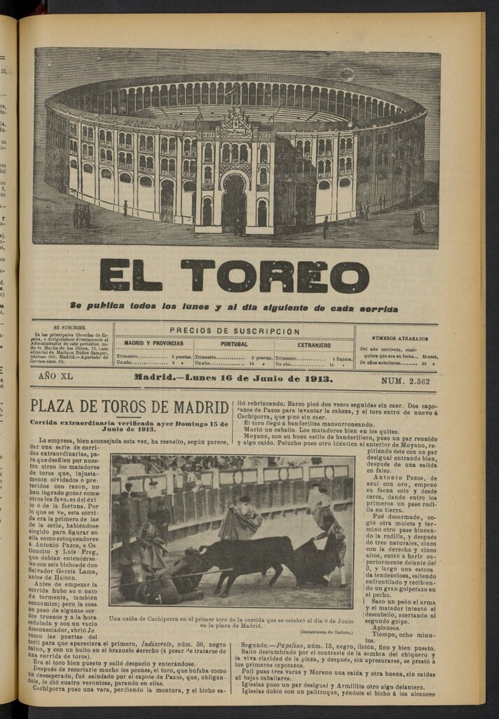 Miniatura de El Toreo: suplemento a "La Correspondencia Teatral"  del 16 de junio de 1913, nº 2362